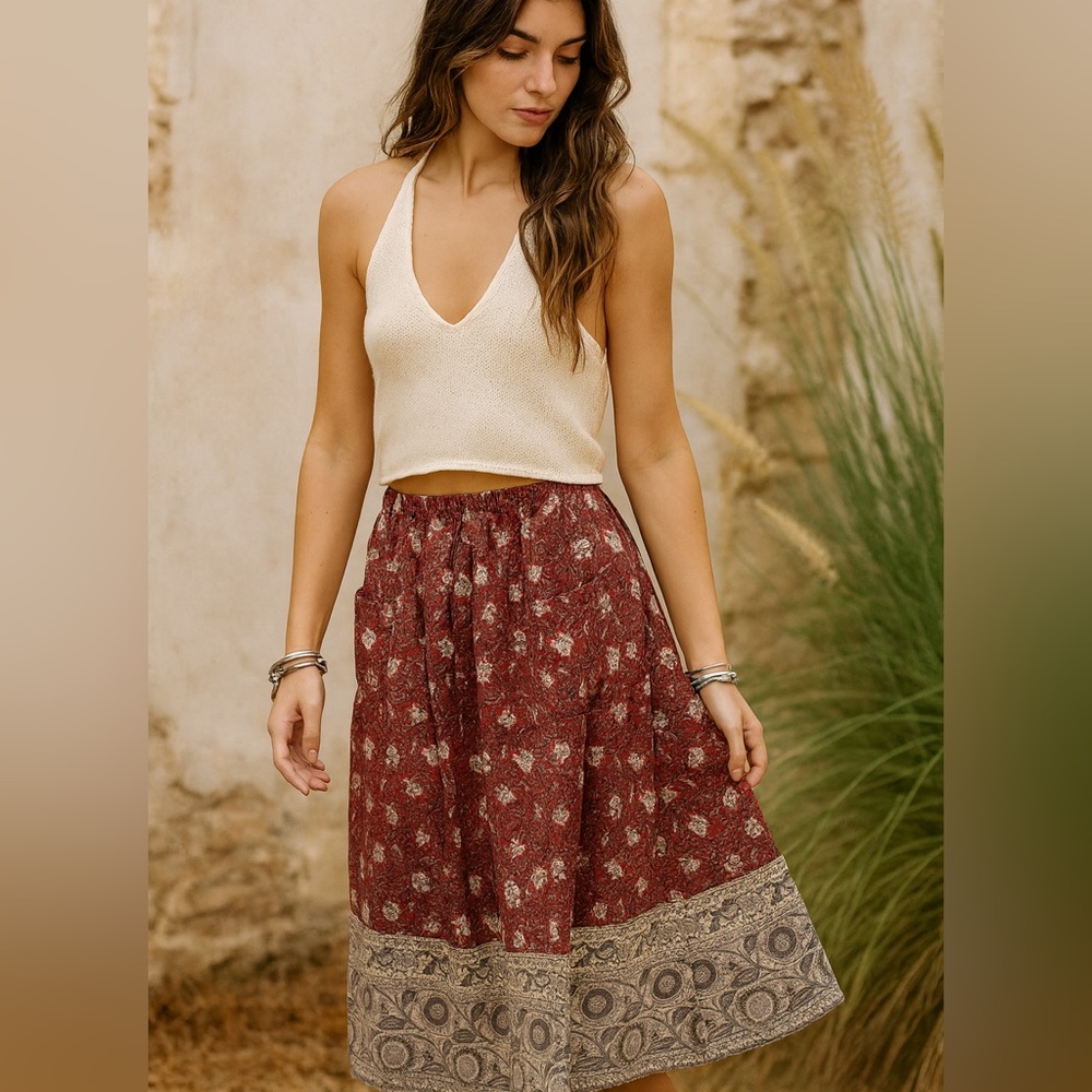 Vintage Cotton Boho Floral Midi Skirt Medium Romantic Cottagecore